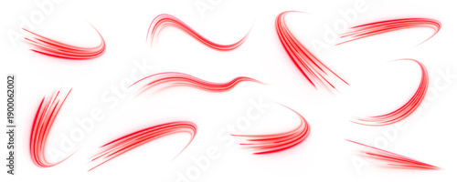 Electric red set light streaks twist across a dark urban street. Energy waves flow in smooth, curving patterns. Futuristic neon vector illustration with motion trails. PNG