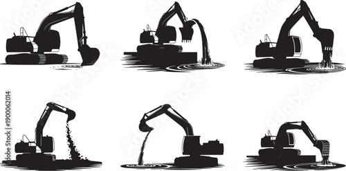 Excavator silhouettes performing water excavation and earthmoving tasks, heavy construction machinery isolated on white background industrial drainage concept