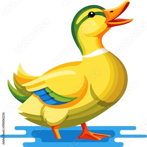 Young yellow duckling swimming in blue water with ripples
