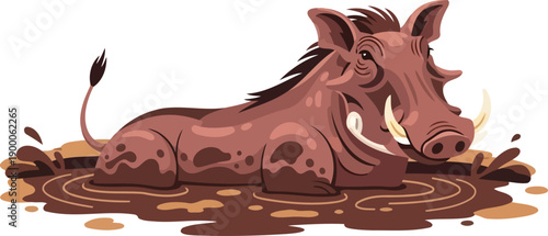 African warthog wallowing in muddy puddle habitat