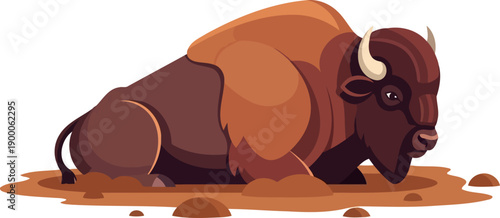 American bison resting in muddy ground illustration