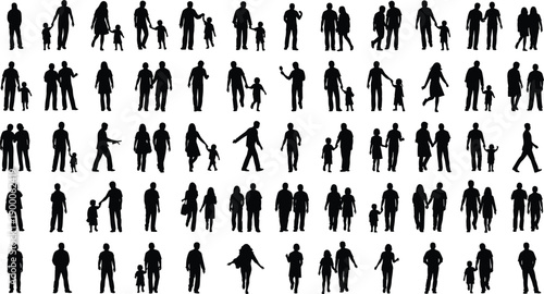 Family people silhouettes collection, parents children walking together, human relationship poses, black figures set, daily life illustration