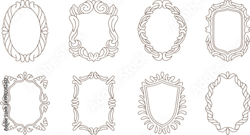 Collection of eight ornate brown line decorative frames and borders with floral and scrollwork on a white background