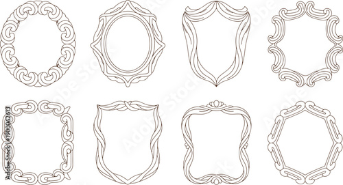 Collection of eight ornate brown line decorative frames and borders in various shapes and styles line brown