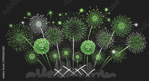 Green fireworks exploding in night sky with white sparks and stars
