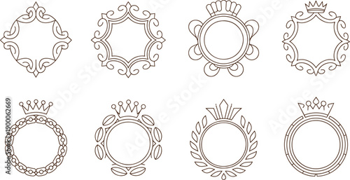 Collection of eight ornate brown line circular and polygonal frames with crowns and decorative flourishes on a white background