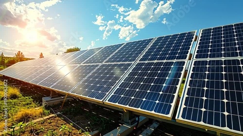 Solar panels installed in a lush green field with sunlight reflecting off their surfaces at an angle.