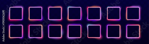 Futuristic square neon frames with bright gradient edges stand out on black space. Clean geometry feels modern and bold. Perfect for digital layouts PNG