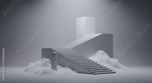 Minimalist monochrome staircase architecture rising above soft white clouds in a foggy void