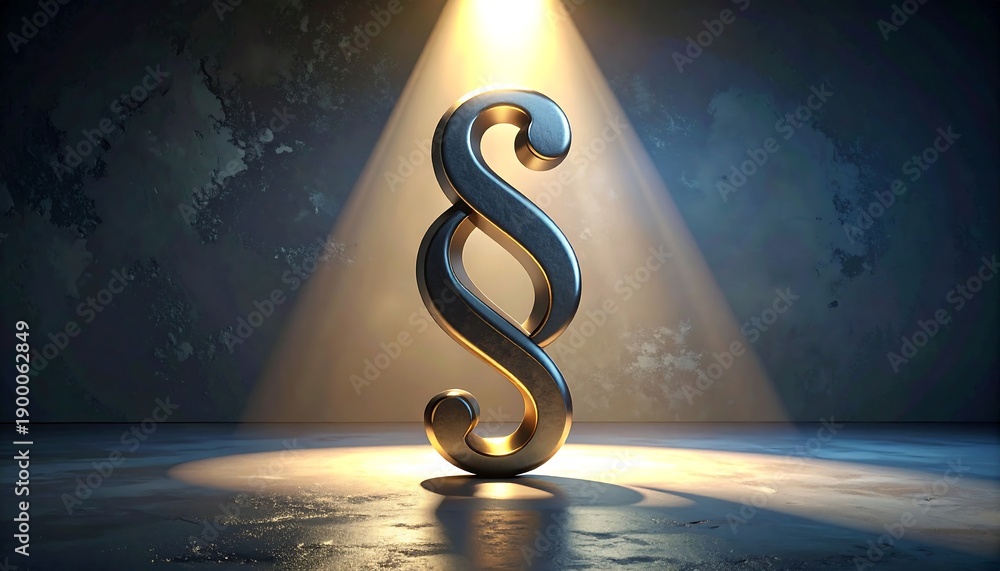 Obraz premium A metallic stylized paragraph symbol stands in a bright light beam, against a dark, textured backdrop. Symbol glows, highlighting curves