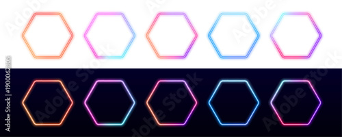 Neon hexagon frames with luminous borders float on a dark backdrop. Bright gradients add futuristic style. Ideal for tech themed designs PNG