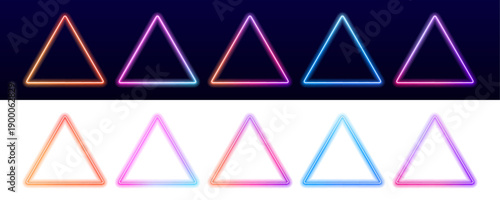 Glowing triangle frames shine with vibrant neon colors on dark background. Light gradients create dynamic visual energy. Great for posters and covers PNG