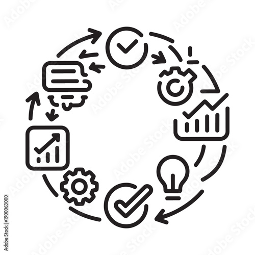 Continuous improvement cycle with icons representing planning execution and analysis