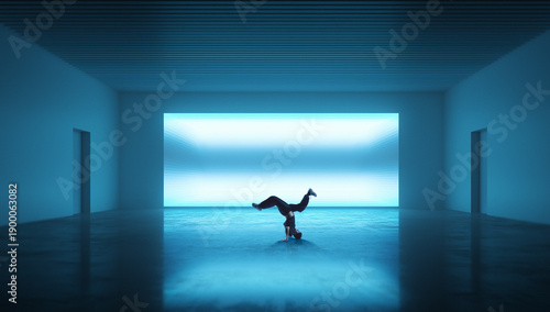 Photos Minimalist composition of breakdancer performing headstand in futuristic space