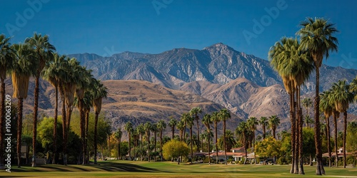 Wallpaper Mural a panoramic view of the palm springs desert landscape, with palm trees and mountains in the background under clear blue skies Generative AI Torontodigital.ca