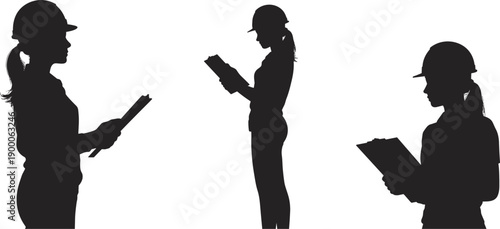 Female construction worker silhouette checking clipboard, safety helmet inspector, engineer reading checklist, site inspection management concept illustration