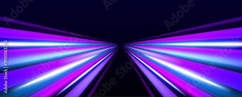 Magenta and blue neon ribbons twist along a night city highway. Motion trails create the sense of rapid digital energy. Vector futuristic illustration with glowing effects.