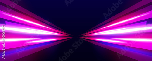 Magenta and purple neon ribbons flow across a cyberpunk city street at night. Motion streaks curve smoothly, showing high-speed energy flow. Futuristic vector illustration with glowing lines.