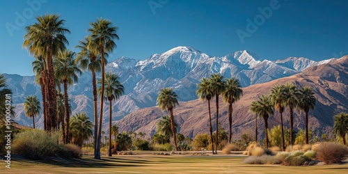 Wallpaper Mural a panoramic view of the palm springs desert landscape, with palm trees and mountains in the background under clear blue skies Generative AI Torontodigital.ca