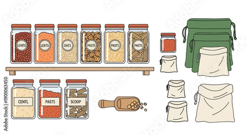 Zero Waste Pantry Organization Vector Set: Bulk Food Storage Containers, Reusable Jars, Canvas Bags, and Wooden Scoop Illustration. Sustainable Kitchen Essentials.
