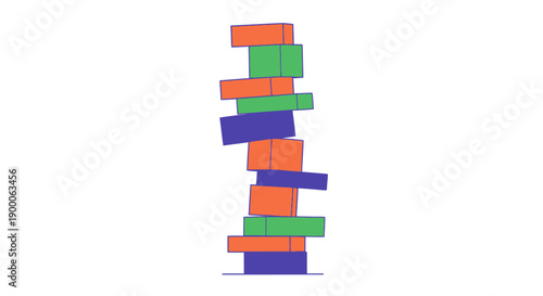 Precarious, leaning tower of colorful toy blocks. Stacked structure showing instability, risk, challenge, balance, and potential collapse.