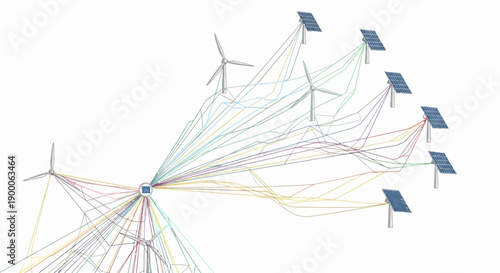 Renewable Energy Smart Grid Network. Digital illustration showing solar panels and wind turbines connected by colorful data lines to a central distribution hub.