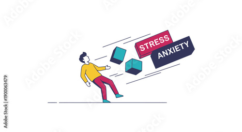 Person Overwhelmed by Stress and Anxiety Blocks. Mental Health Crisis, Psychological Burden, and Emotional Pressure Concept.