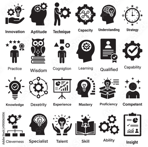 skills and knowledge icons set, learning ability competence education symbols vector illustration on transparent background
