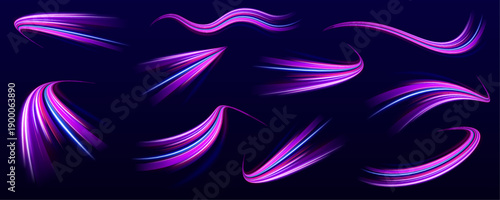 Purple and blue neon ribbons curve along a night urban road. Motion trails flow dynamically, illustrating rapid futuristic motion. Vector illustration with glowing effects.