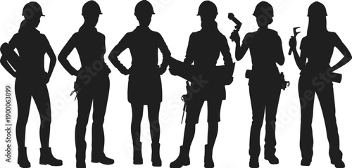 Female construction worker silhouettes wearing safety helmets holding tools representing teamwork, strength, professionalism, diversity, and women empowerment in industry
