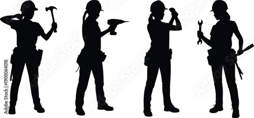Female construction worker silhouettes with tools, hammer drill wrench actions, professional tradeswoman labor concept, industrial workforce illustration isolated black