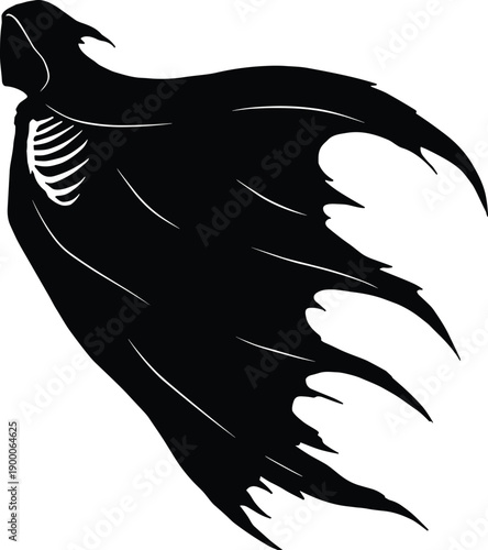 Flying ghost reaper silhouette with tattered cloak, dark horror spirit illustration, spooky skeleton design, gothic Halloween death figure art