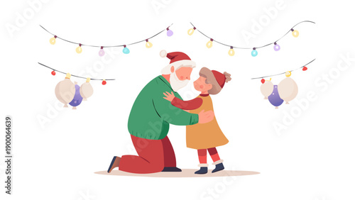 A heartwarming scene of a young child dressed in festive traditional clothes, being hugged by a grandparent under a canopy of warm fairy lights. No text.