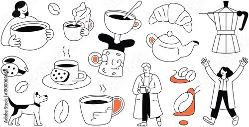 Everyday coffee moments illustrated in loose sketch style. Cups, people, pets and cafe details shown. Minimal black and white vector artwork for lifestyle storytelling.