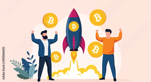 Illustration of two people cheering as a rocket with Bitcoin symbols launches upwards. Surrounding coins suggest cryptocurrency growth. Exciting and optimistic tone.