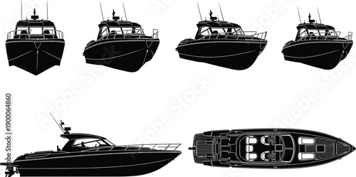 Luxury motor yacht silhouette set, front side rear top views, modern speed boat marine illustration isolated on white background vector