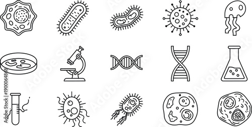 Set of microbiology and virus icons including bacteria and cell