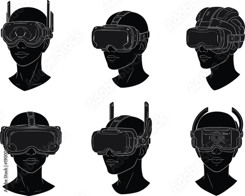 Futuristic VR headset designs on human heads showcasing various virtual reality and augmented reality wearable technology concepts and innovations.