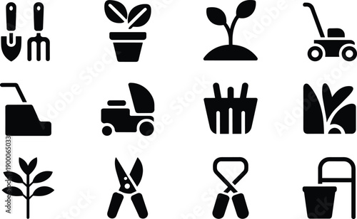 Gardening and landscaping icon set with tools, plants, lawn mowers, and pruners. Black minimal silhouettes for outdoor care.