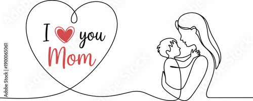 Mother and child continuous line illustration. I love you mom handwritten heart message with minimal outline art. Elegant vector design for Mother’s Day cards, prints, and emotional branding.