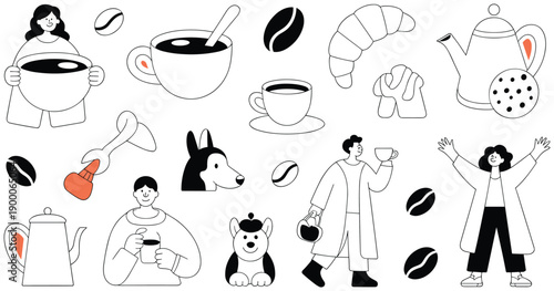 Expressive coffee lifestyle illustrations in modern doodle style. People, pets, cups and cafe moments combined. Minimal black and white vector set for editorial and creative use.