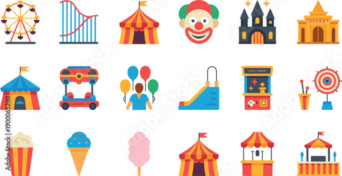 Amusement park icon illustration set. Carnival rides, circus tents, games, food, and attractions. Flat colorful vectors for festivals, kids apps, posters, and event branding.