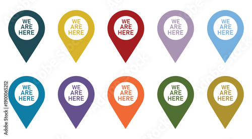 A set of ten colorful map location pointer icons, all featuring the text WE ARE HERE.