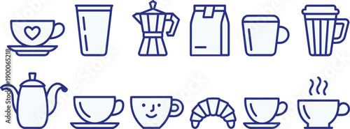 Clean outline drinkware icon set in blue line style. Coffee cups, teapot, moka pot and bakery items. Minimal vector symbols for UI, menus and branding.