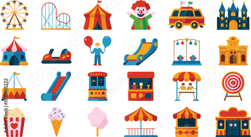 Fun fair entertainment vector collection. Amusement park objects, circus attractions, and playful activities. Flat colorful icons for children projects, event posters, games, and festival branding.