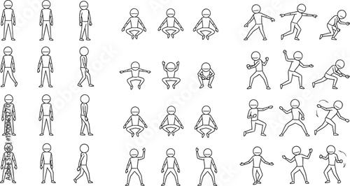 Stick figure character pose set, simple line art human movements, animation poses collection for motion design illustration template vector guide