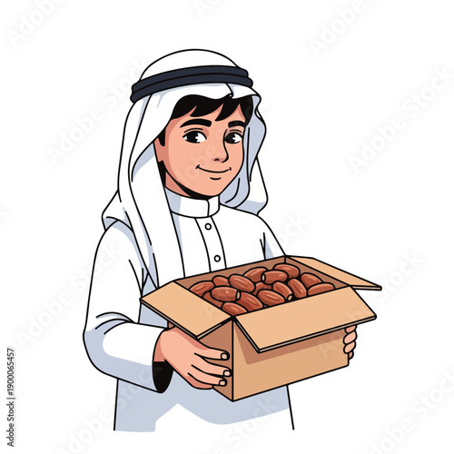 Traditional Arab boy holding box of dates on white background