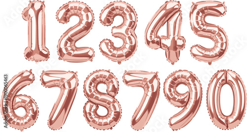 Rose gold balloon number set. Shiny metallic foil digits from zero to nine. Luxury inflatable numbers for birthday, anniversary, party decor, and celebration designs.