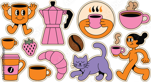 Fun coffee themed cartoon illustration set. Expressive characters, mugs, cat and cafe items. Colorful flat vector artwork for stickers, social posts and playful branding.
