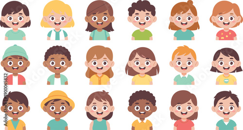 Smiling kids head illustration pack. Colorful child avatar faces with mixed hairstyles and skin tones. Flat vector portraits for education projects, learning apps, websites, and children branding.
